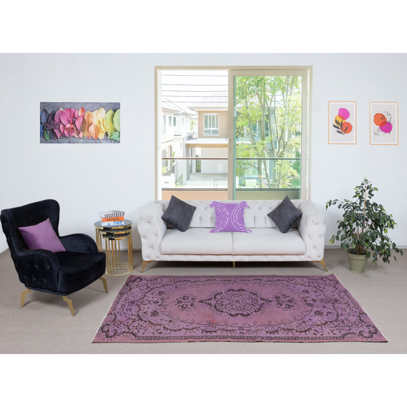 Tapis antibactérien fait à la main 5 x 8,5 pi, tapis turc noué à la main de couleur mauve