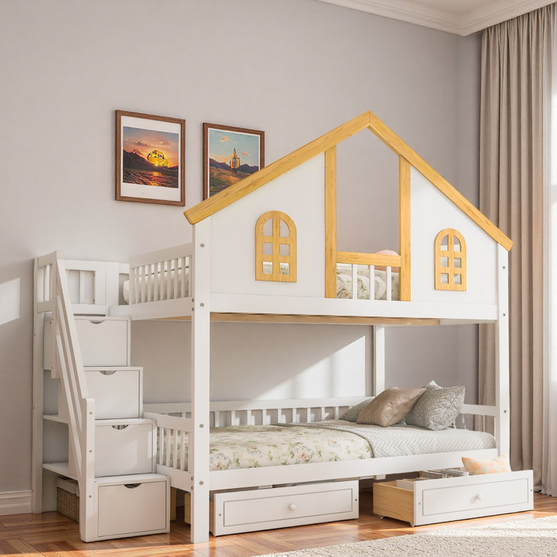 Lit superposé en bois avec escalier de rangement, tiroirs, toit de maison et porte de fenêtre, Double sur double