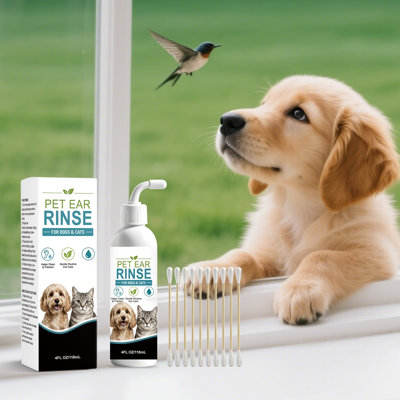 Vêtements pour animaux en polyester, solution nettoyante pour les oreilles de chiens et de chats (118 ml), avec cotons-tiges, trousse de lavage doux pour les oreilles, produits d'entretien quotidien.