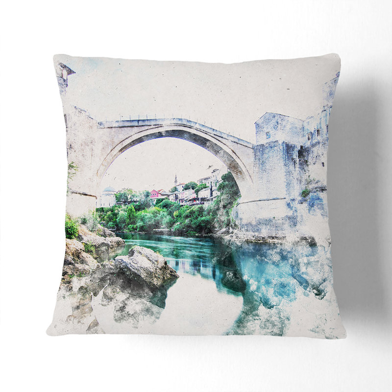 Stari Most Old Bridge Cushion with Filling, 40cm H x 40cm W x 15cm D, White