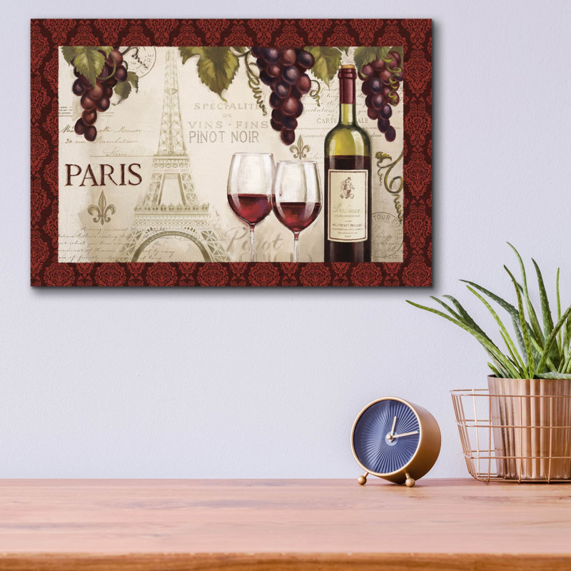 Art mural en verre épique «Wine In Paris 1 Damask Border» par Janelle Penner, H 12 po x l 16 po x P 0,13 po