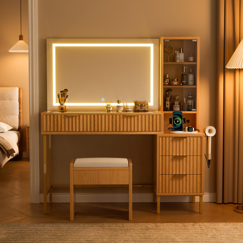 Maximiser le meuble-lavabo à DEL avec anneau lumineux 3 couleurs | Station de maquillage Stepless, Chêne / doré