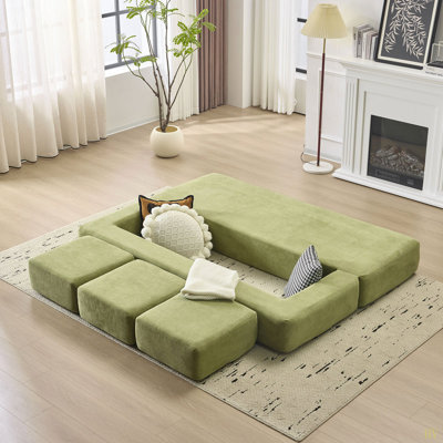 Canapé modulaire convertible avec 3 repose-pieds Ebern Designs - Lit en mousse haute rebond, canapé en chenille peu encombrant pour les studios et les bureaux à domicile.