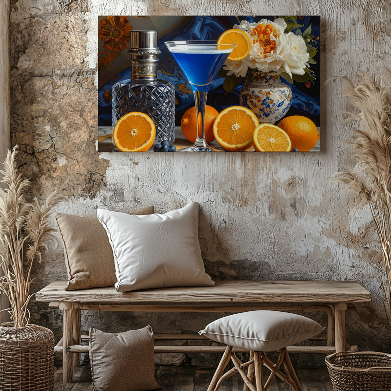 Toile, art baroque, nature morte, cocktail, fruits et fleurs, H 30 po x l 30 po