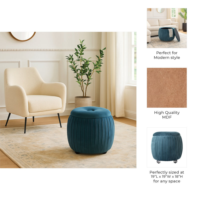 Sagebrook Home 19" Newry Black Velvet Storage Stool, Teal