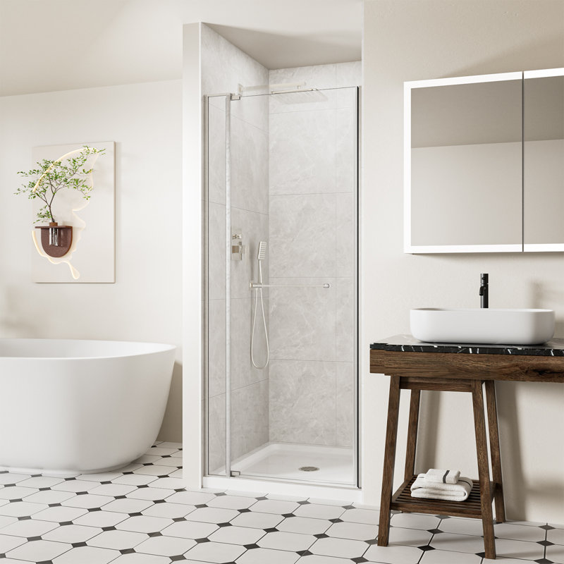 Porte de douche pivotante sans cadre de l 28 à 32 po x H 72 po avec verre trempé de 1/4 po (6 mm) et 5/16 po (8 mm), porte de douche pivotante en verre avec barre à serviettes, butée à 105 °, finition chromée