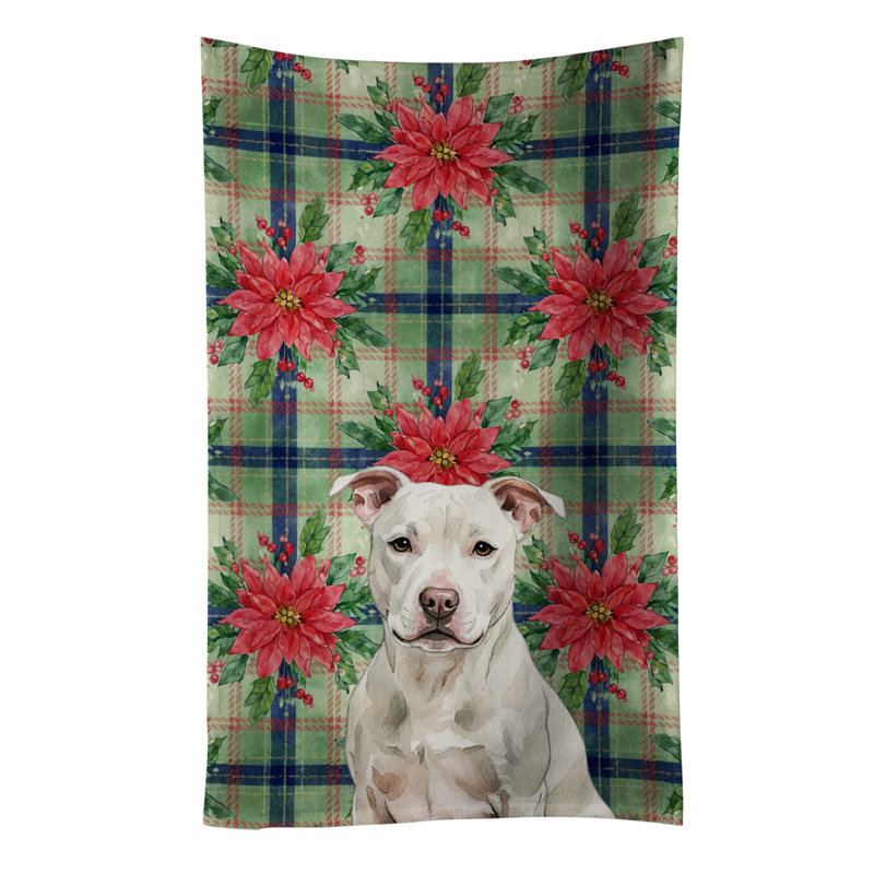 White Staffordshire Bull Terrier Christmas PoinsettIas Kitchen Towel, White Staffordshire Bull Terrier