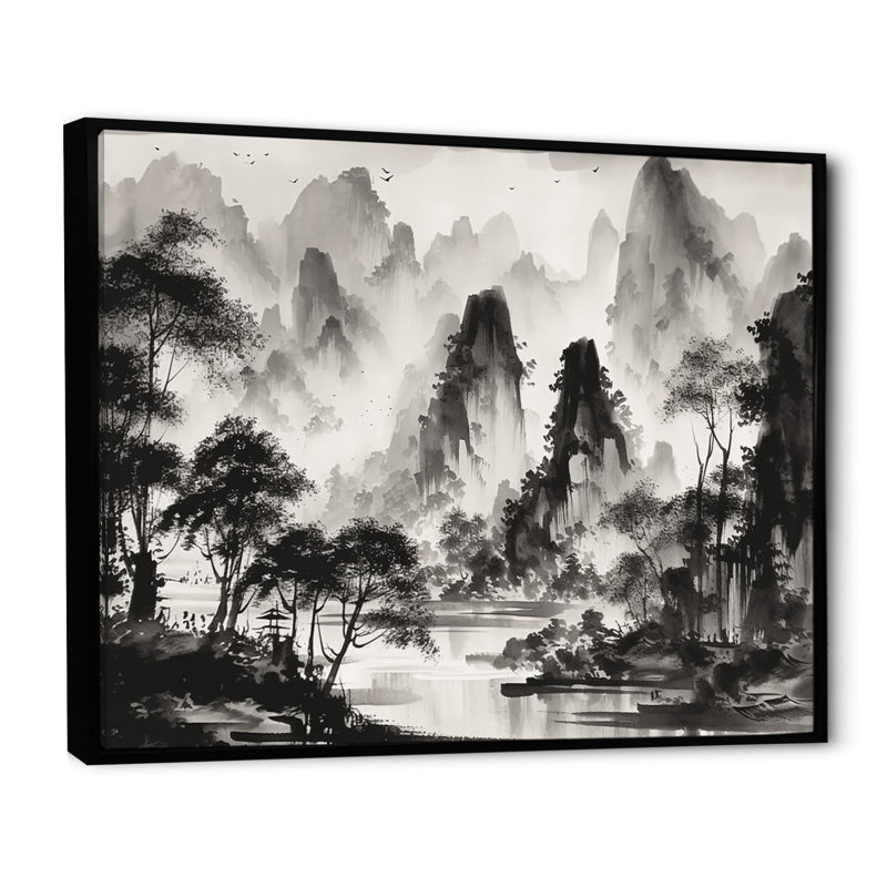 «Black and White Asia Mountains I», reproduction d'art sur toile, H 12 po x l 20 po x P 1 po, Cadre flottant noir