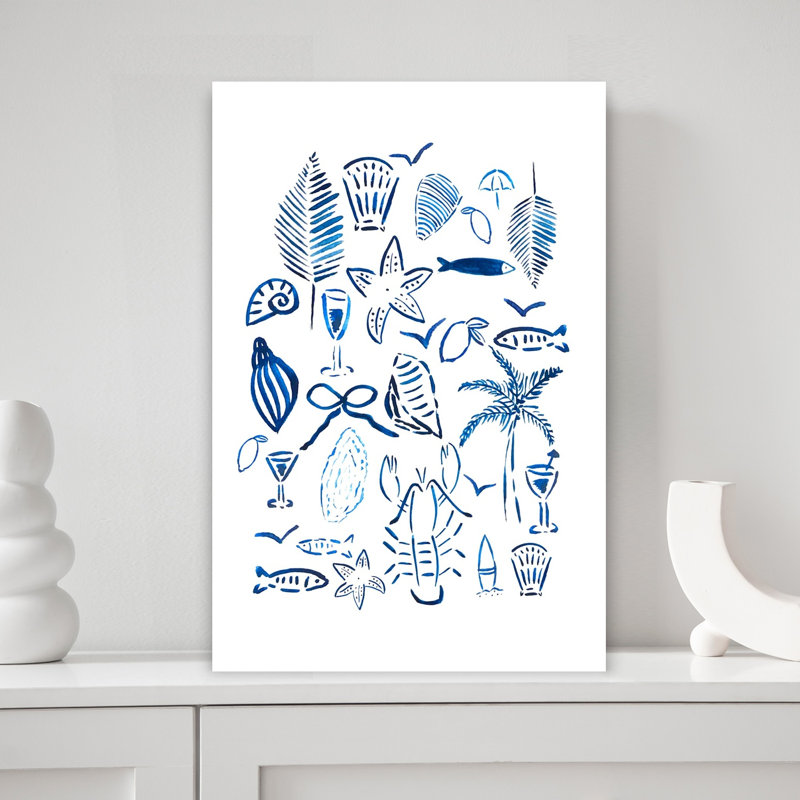 «Blue Coastal Elements» abstrait palmier étoile de mer, art mural côtier, H 18 po x l 12 po