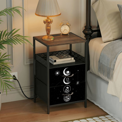 Table de chevet 2 tiroirs avec station de charge, table de chevet de chambre à coucher avec ports USB et prises ouvertes - tablette noire