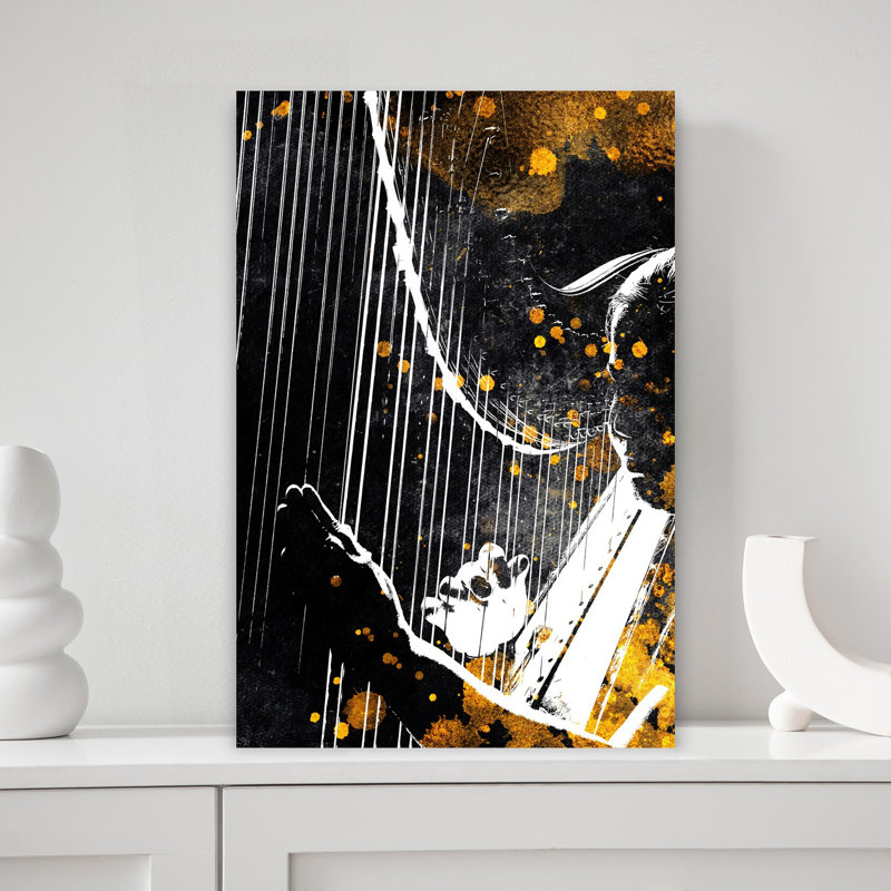 Golden Harp Melody Abstract Dramatic Elegant Architecture Wall Art Print 1 Piece Wrapped Canvas Wall Art
