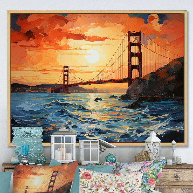 «Orange Bridge Golden Gateway II», reproduction sur toile, H 16 po x l 32 po x P 1 po, Cadre naturel flottant