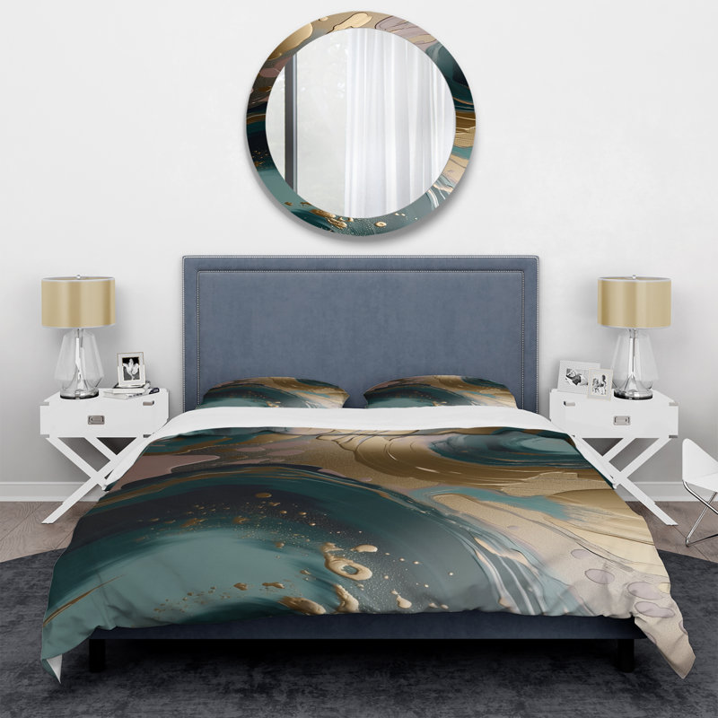 Ensemble de housse de couette en marbre abstrait doré et vert Harmony Swirls III
