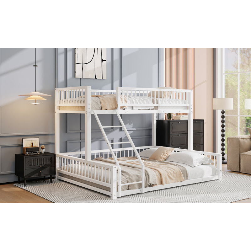 Twin XL Over Queen Floor Bunk Bed Frame With Ladder And Safety Guardrails, Easy Assemble, White