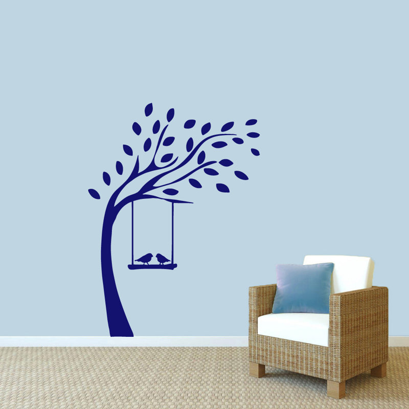 Décalcomanie murale arbre avec oiseaux sur balançoire, Bleu marine