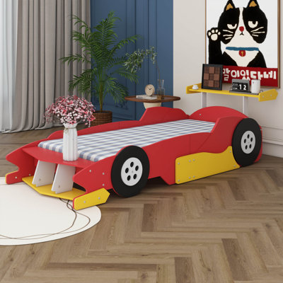 Twin Size Race Car Bed Frame For Boys, Wood Car-Shaped Platform Bed With Wheels