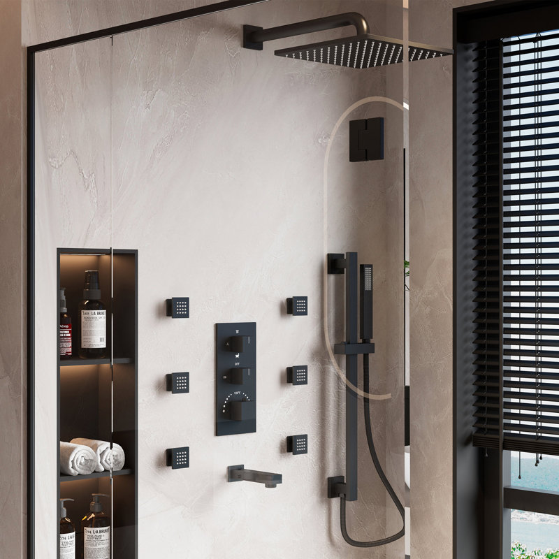 SlideLux 4-Function 12" Thermostatic Complete Rainfall Shower System with Tub Spout, Body Jets and Slide Bar, Matte Black