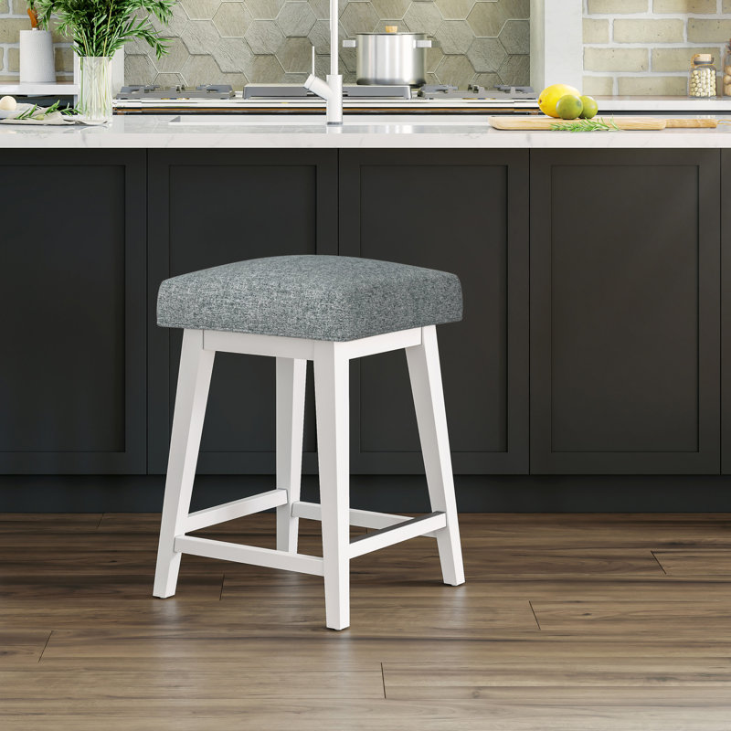 Dorreen Wood And Upholstered Square Backless Adjustable Height Swivel Stool, Pure White, Graphite