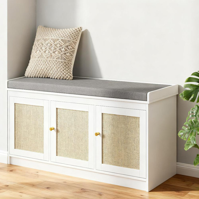 Banc à chaussures avec portes en rotin tissé, banc à chaussures avec coussin, Blanc / Gris
