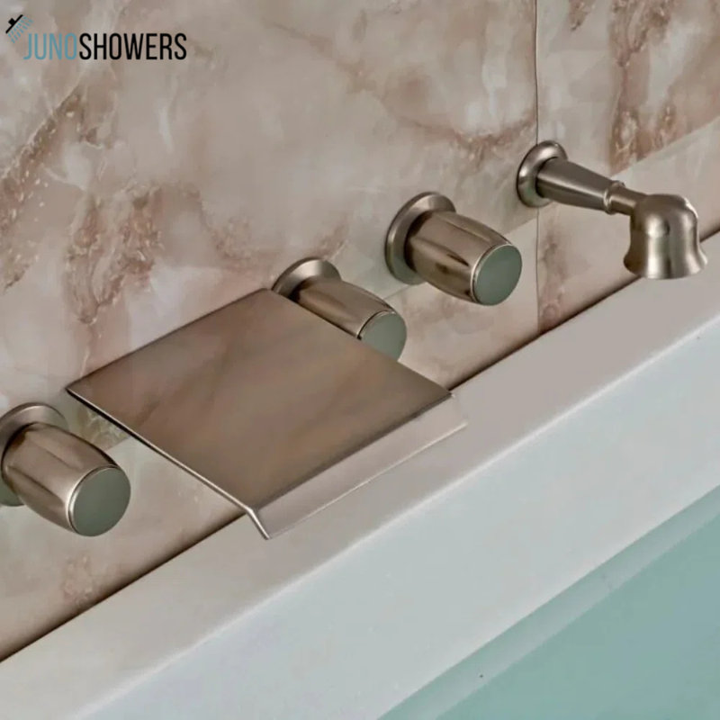 Juno Wall-Mount Brushed Nickel Waterfall Tub Mixer Tap with Brass Handheld Shower – Triple Handle, Contemporary Design