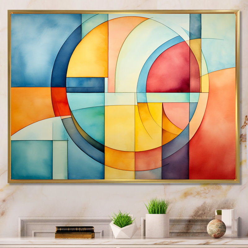 Cubic Soft Colors Tiles IV - Art mural géométrique, H 24 po x l 32 po x P 1 po, Cadre flottant doré