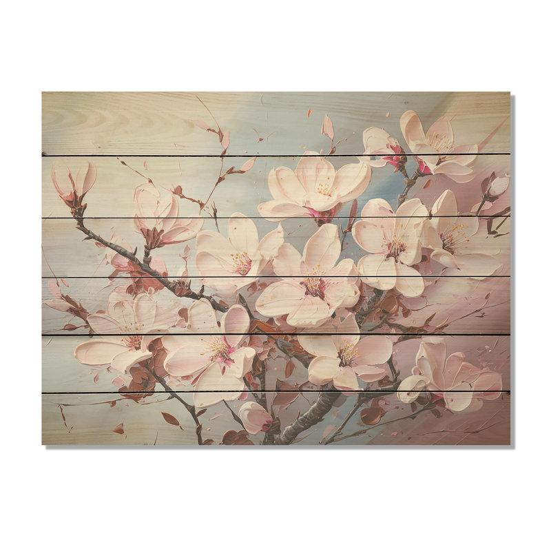 Pink Magnolias Liquid Art - Flower Field Wood Wall Art On Natural Pine Wood, 10" H x 20" W
