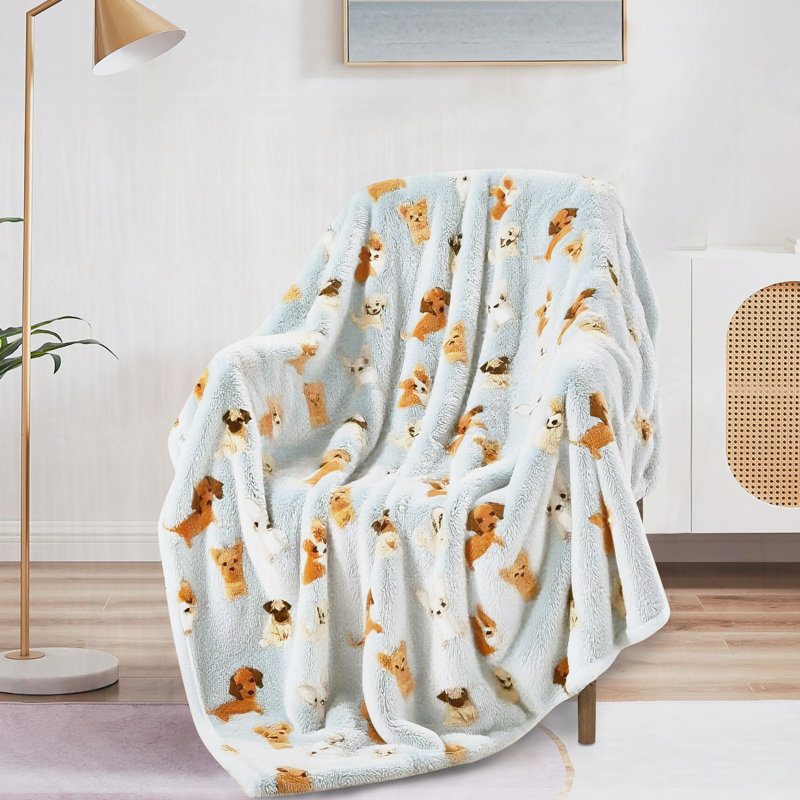 Light Blue Puppy Printed Plush Fur Single Piece Throw Blanket (50" X 70")