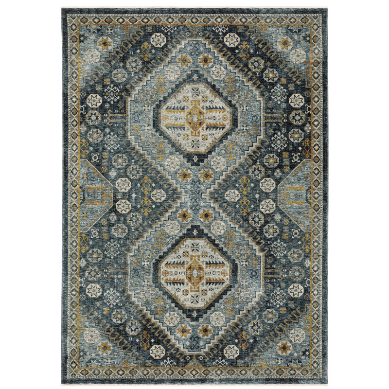Tapis bleu / doré Hovis Southwestern, Rectangle 3 pi 3 po x 5 pi