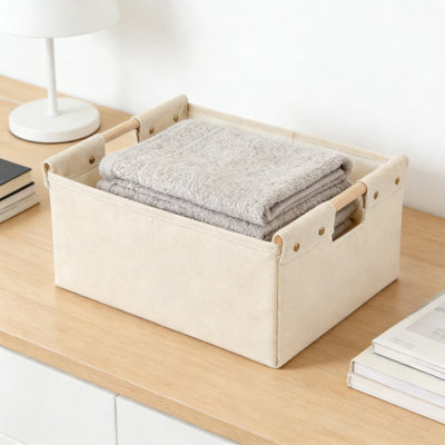 Foldable Fabric Storage Bins With Wooden Handles, Washable Decorative Organizer Boxes For Home, Laundry, And Shelf Storage