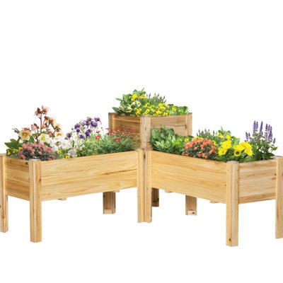 Of 3 Elevated Planter Beds, Wooden Raised Garden Boxes With Legs And Liners. Backyard Patio Use. Cultivate Veggies, Herbs, Flowers. Natural Wood. Breathable, Regulation. Solid Customizable