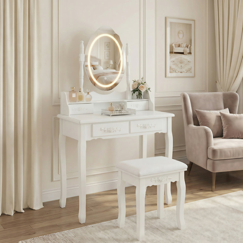 Coiffeuse blanche avec miroir, tabouret rembourré, 4 tiroirs, éclairage DEL, grand espace de rangement, assise confortable, matériau de qualité, structure stable, pieds de maquillage faciles à monter.