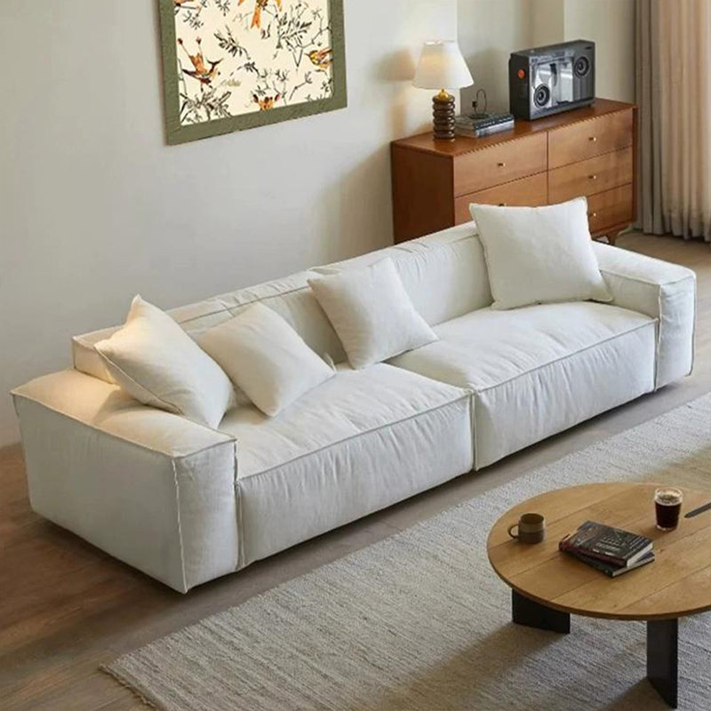 White Cotton and linen Modular Sofa, 27.56" H x 110.24" W x 39.37" D, 4