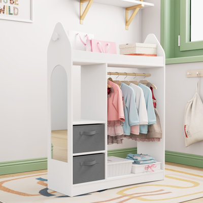 Kids Dress up Rack-Wardrobe Closet with Mirror, Open Kids Wardrobe with 3 Tier Shelf, 2 Storage Drawers