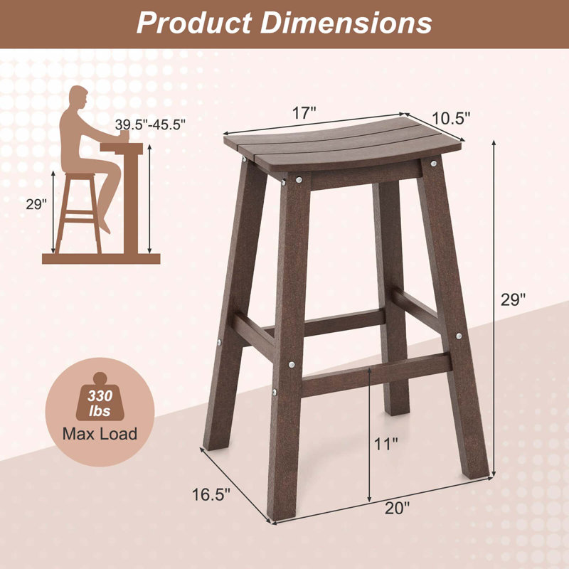 29" Patio Bar Stool Set Of 2 With Curved Seat & Footrests For Backyard Outdoor, Brown