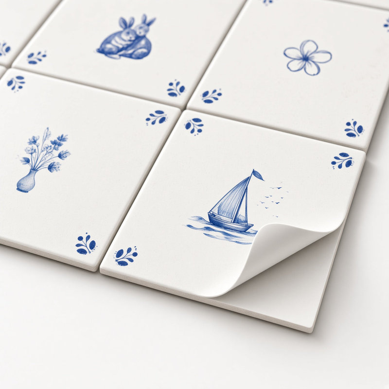 5" x 5" Blue & White Coastal Cottage Vinyl Peel and Stick Mosaic Tile