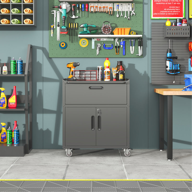Mobile Heavy-Duty Garage Cabinet - 1 Drawer, Secure Locking System, Black And Grey Metal For Work 2 Doors, 360 Rotatable Wheels,
