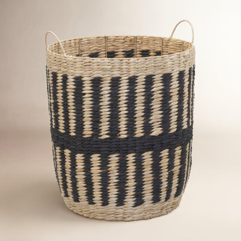 Large Cattail and Paper Pillar Basket with Integrated Handles and Black