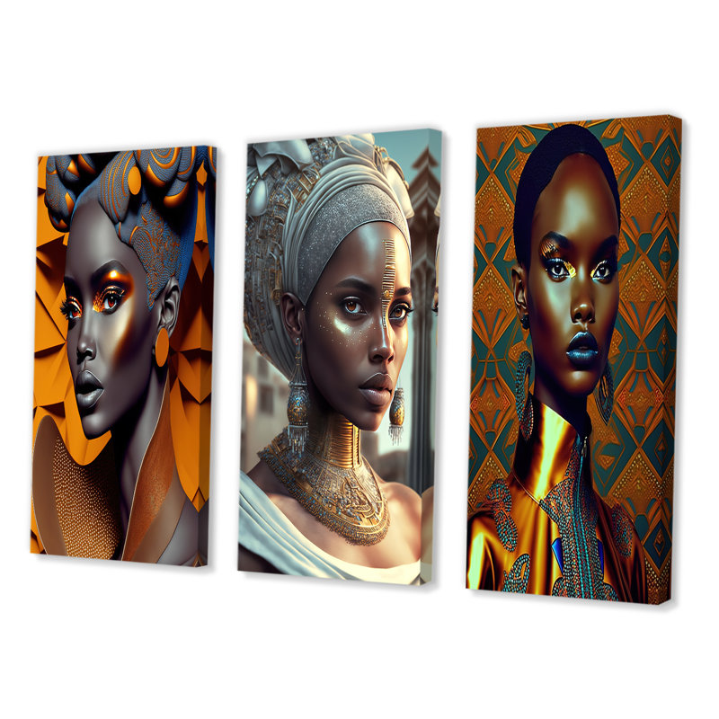 «Exquiste African Woman Design», 3 pièces sur toile, Toile tendue, H 28 po x l 36 po