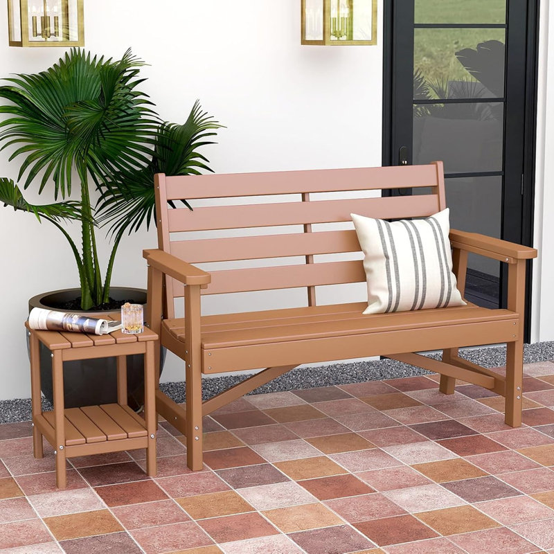 HDPE Outdoor-Dining-Table-Set, Brown, 5 Pieces: Table, 2 Chairs, 2 Benches