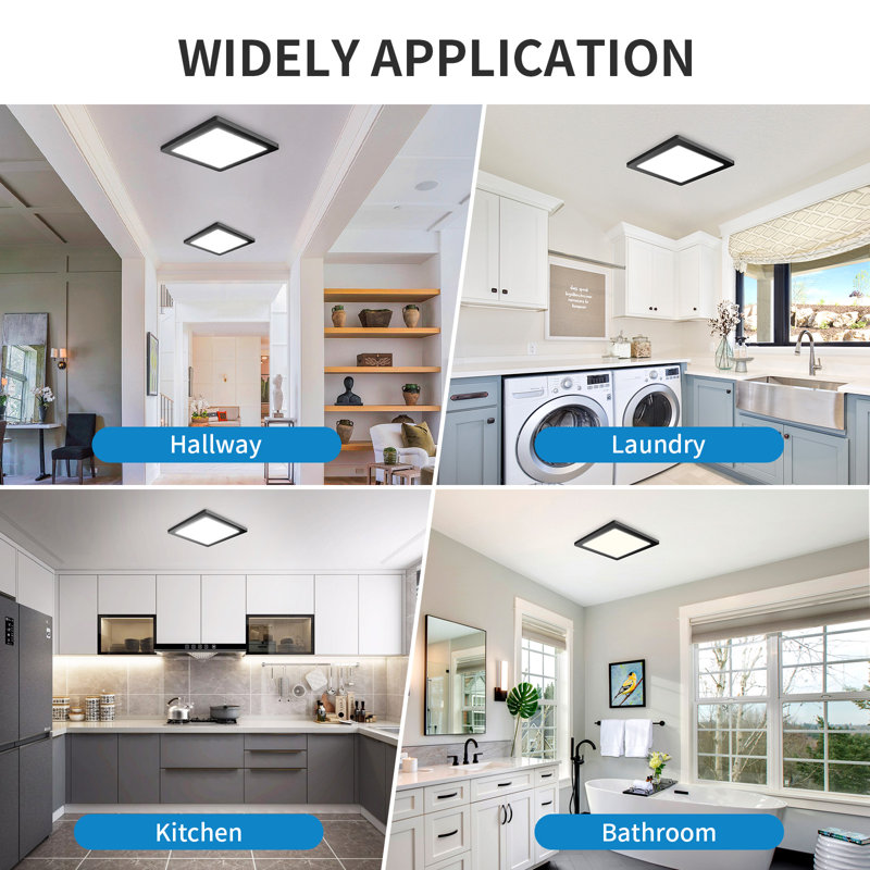 2PK  Square Black Ceiling Light,  120V 3CCT Dimmable Slim LED Ceiling Light, Close to Ceiling Light Fixtures for Bedroom, Kitchen, Hallway, Laundry