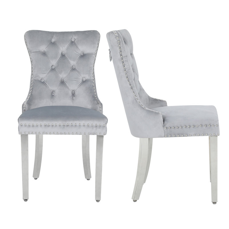 Upholstered Dining Chairs.Tufted Back Design With Stainless Steel Leg, Light Gray, Silver