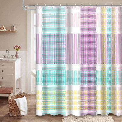 Tartan Plaid Checkered Fabric Blue Shower Curtain with 12 Hooks
