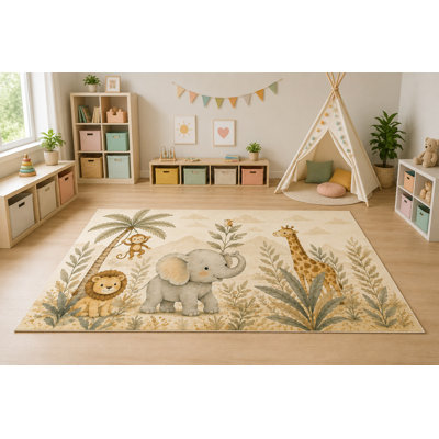 "Ultra Thin" 5' x 7' Safari Elephant Friends Area Rug for Kids Room, Bedroom, Living Room and Home Office, Soft Low Pile Carpet with Non-Slip Silicone Backing