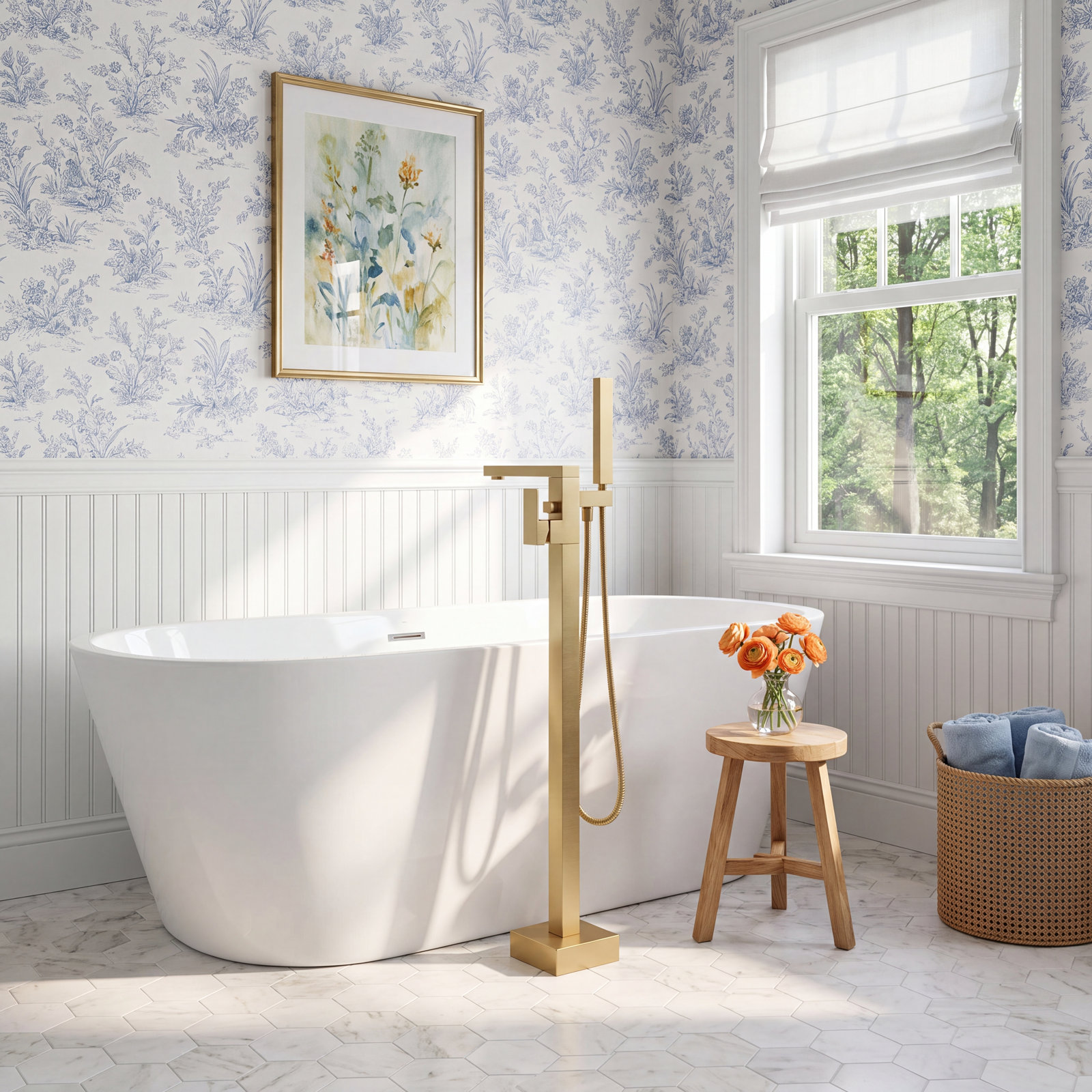 Cube Freestanding Tub Faucet with Diverter, Brushed Brass