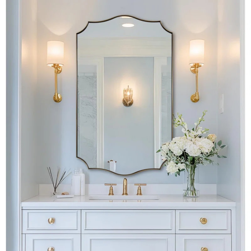 Anayalee Traditional Scalloped Rectangle Bathroom Vanity Mirror | Stainless Steel Frame, Brushed Gold, 48" x 30"
