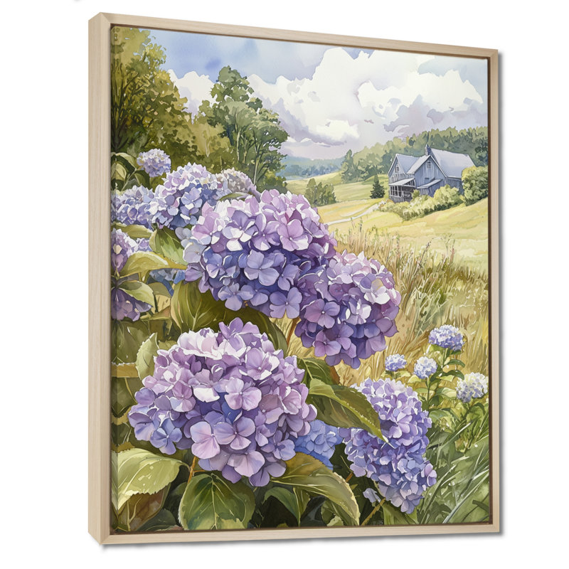«Isaiaha», champ d'hortensias dans la prairie de la ferme - hydrangées, art mural, H 32 po x l 24 po, Crème, crème