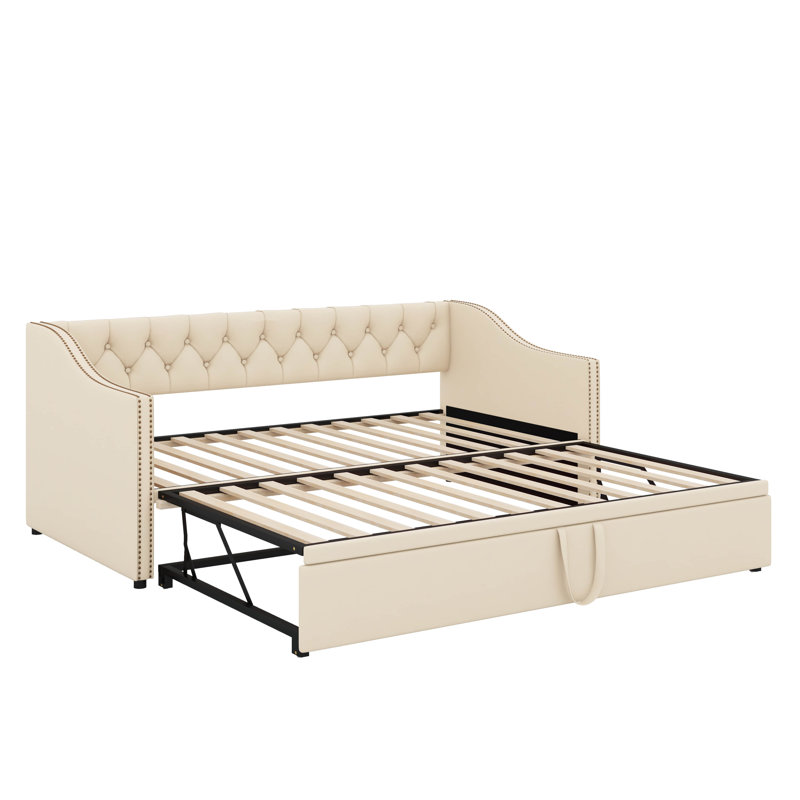Twin Size Upholstered Daybed With Trundle, Beige