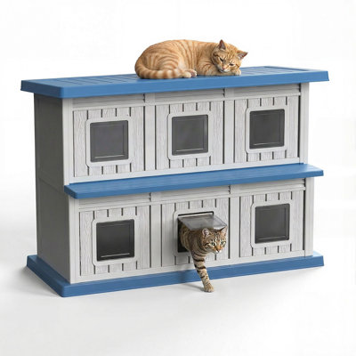 Two-Story  Resin Cat House, Outdoor Feral Cat Shelter With Platform(Gray & Blue)