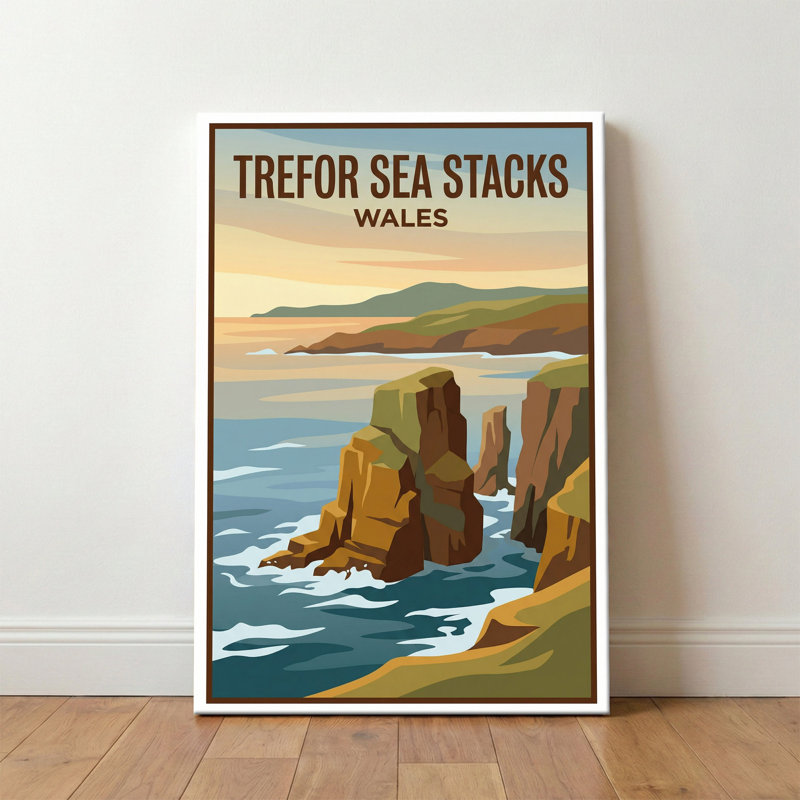 Trefor Sea Stacks, Wales - Romantic Coastal Travel Poster of Rugged Cliffs. Giclee Print on Wrapped Canvas. Wall Art, Home Decor - Natural Landmarks, Wales 1 Piece Wrapped Canvas Wall Art