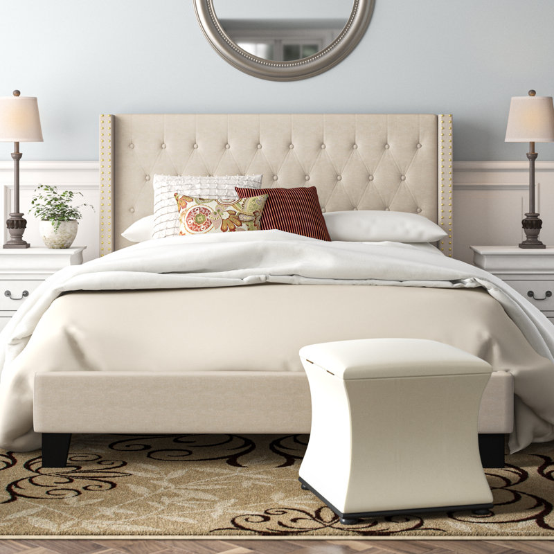 Aluino Tufted Upholstered Platform Bed w/ Accent Nail Trimmed Extended Sides, Beige, Queen